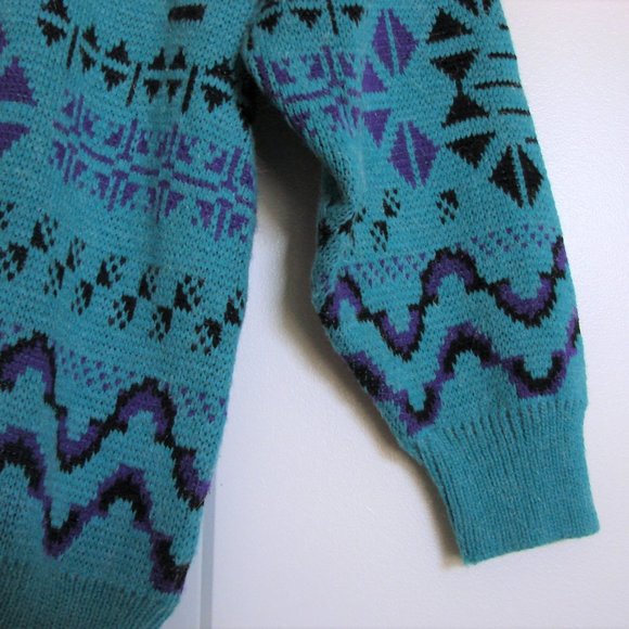 Vintage Green Purple Black Unbranded Geometric Shoulder Pads Crewneck Sweater - Picture 2 of 11